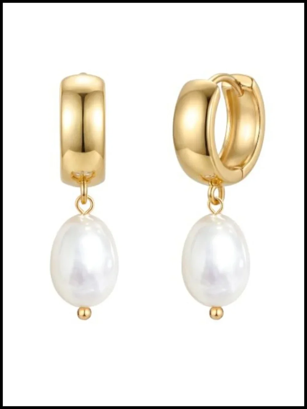 Chunky Huggie Hoop Earrings 14K Gold Plated with Pearl Drop Charm,